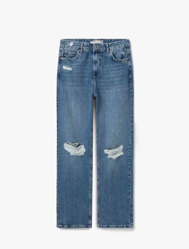 Yüksek Bel Yıpratma Detaylı Pamuklu Denim Pantolon - Straight Jeans_0