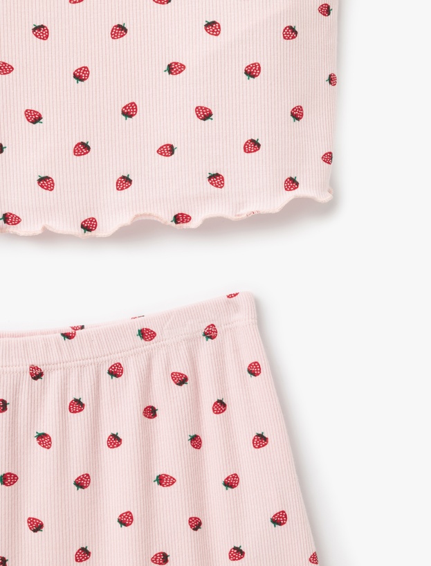Viskon Kumaş Çilek Baskılı Bisiklet Yaka Kısa Kollu Şortlu Pijama Takımı_4