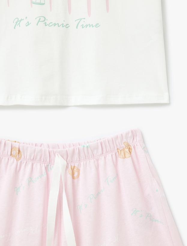 Baskılı Bisiklet Yaka Kısa Kollu Pamuklu Şortlu Pijama Takımı_2