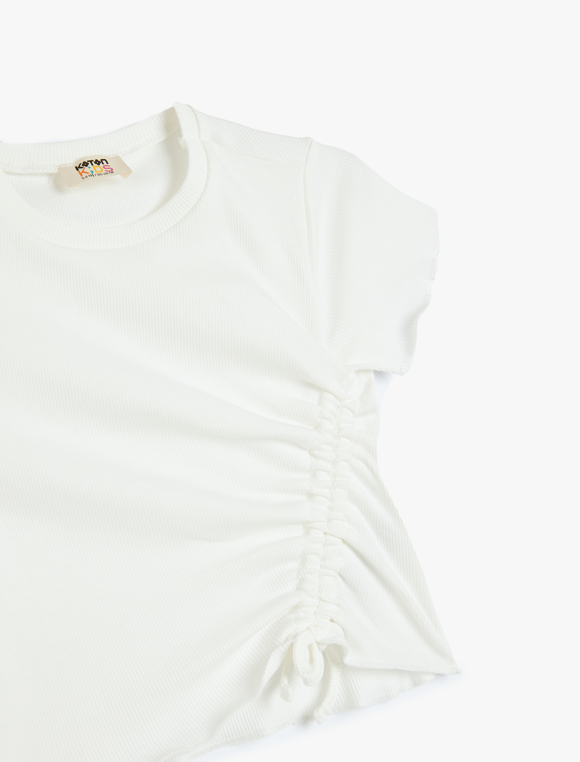  Kız Çocuk Pamuklu Büzgü Detaylı Bisiklet Yaka Kısa Kollu Crop Tişört