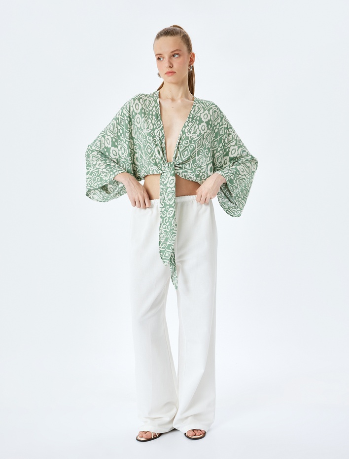  Bağlama Detaylı V Yaka Kimono Kol Viskon Etnik Bluz