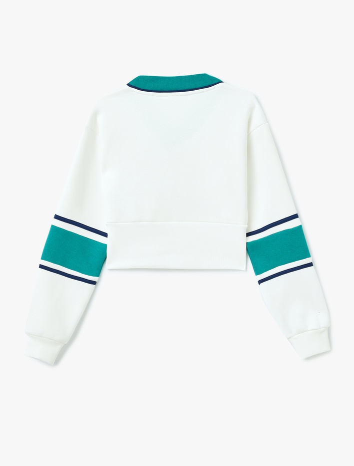 Şardonlu Renk Bloklu V Yaka Uzun Kollu Crop Sweatshirt