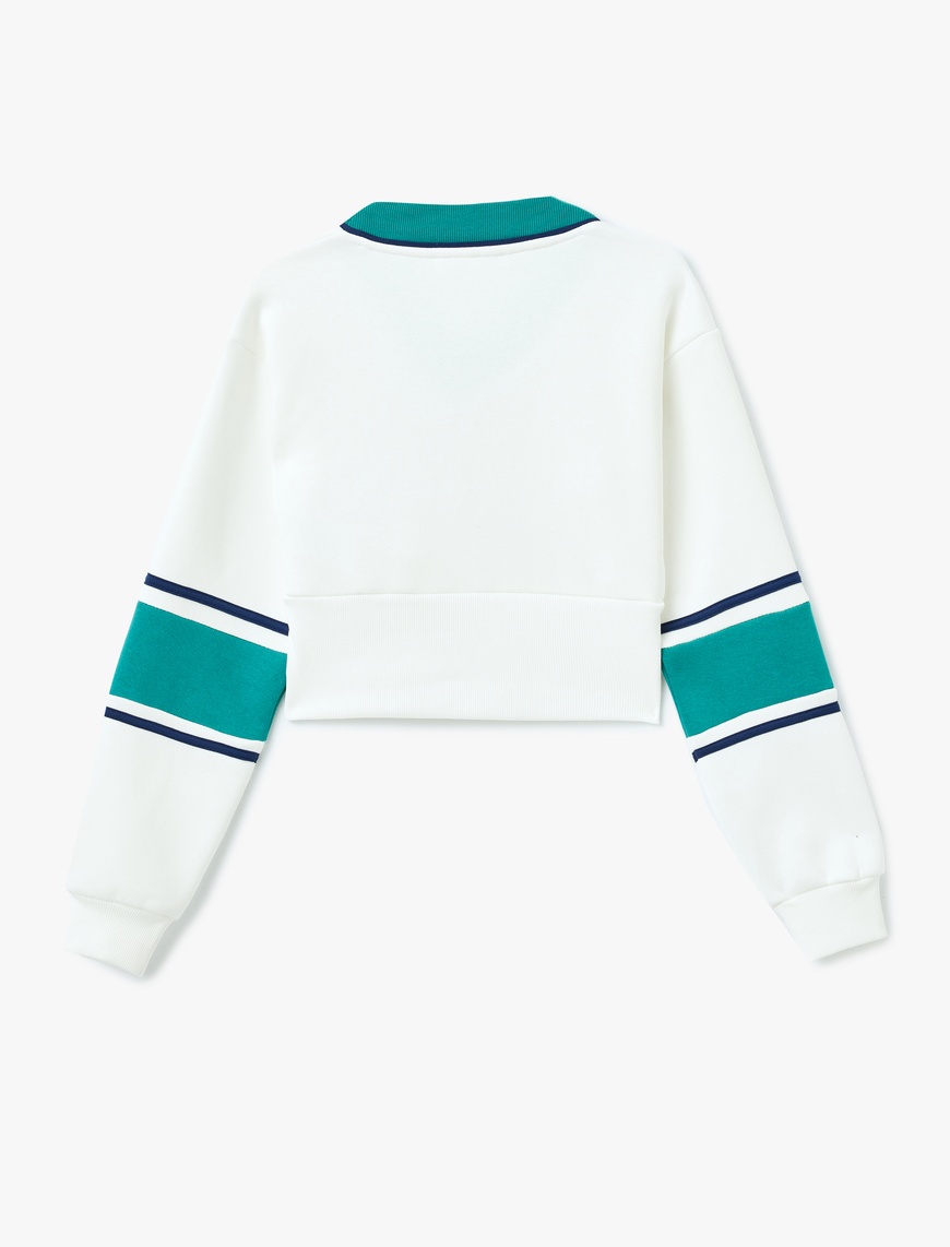   Renk Bloklu V Yaka Uzun Kollu Crop Sweatshirt