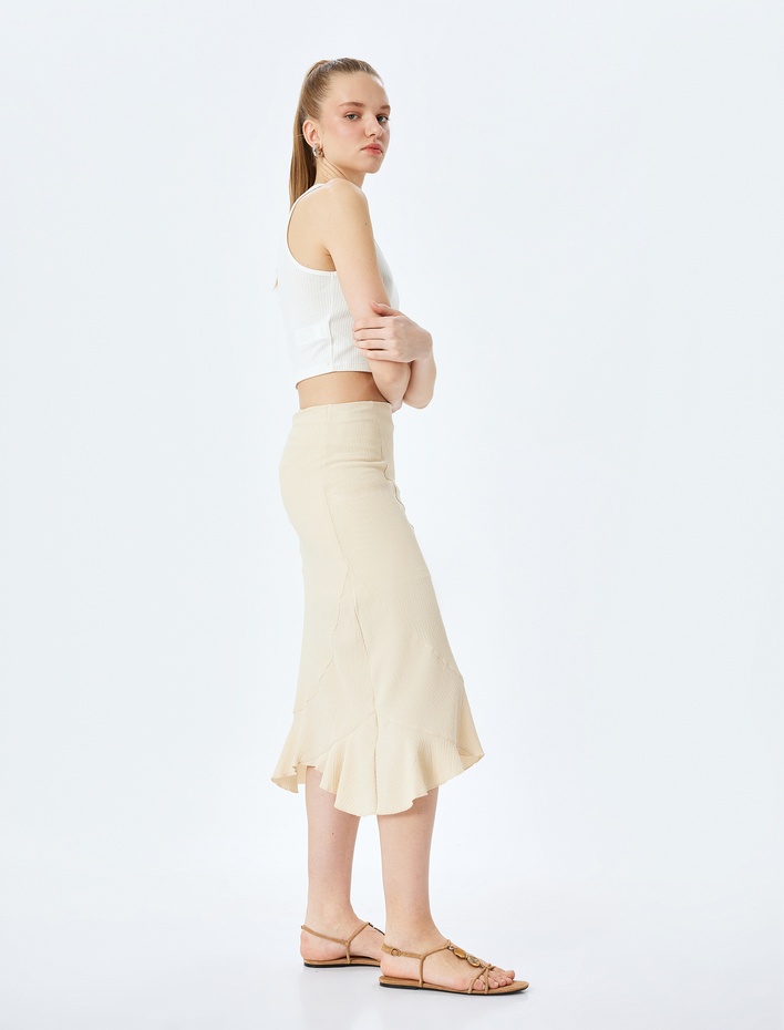  Asimetrik Midi Yüksek Bel Dikiş Detaylı Etek Bürümcük