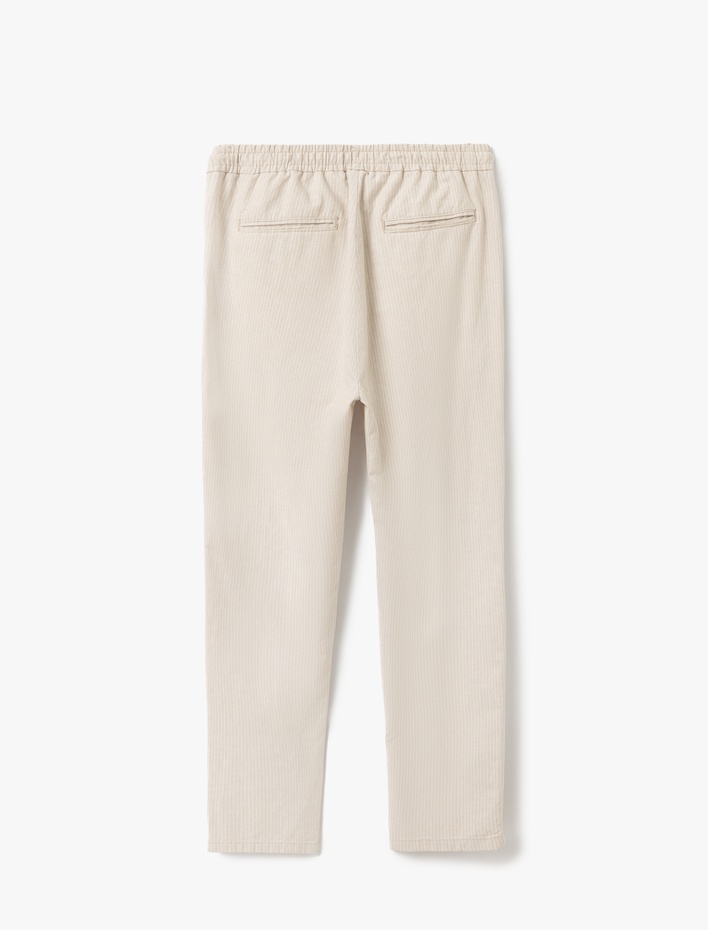  Keten Pamuk Karışımlı Cep Detaylı Beli Bağcıklı Çizgili Chino Pantolon