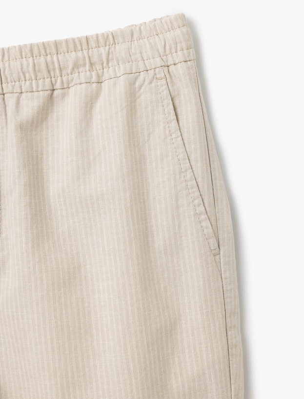 Keten Pamuk Karışımlı Cep Detaylı Beli Bağcıklı Çizgili Chino Pantolon_2