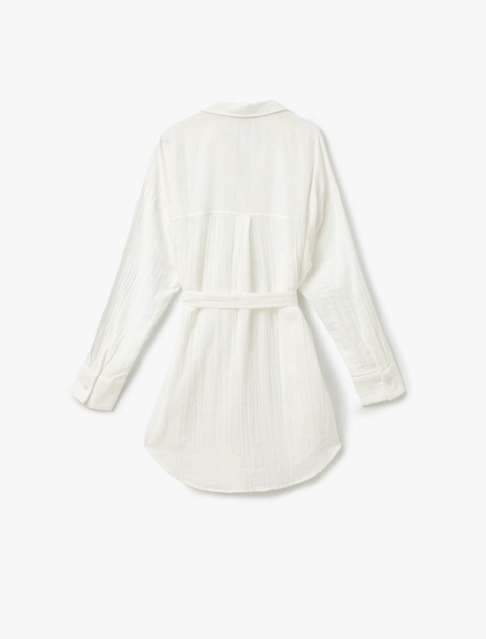  Pamuklu Rahat Kalıp Kemerli Uzun Kollu Gömlek Yaka Müslin Plaj Elbisesi