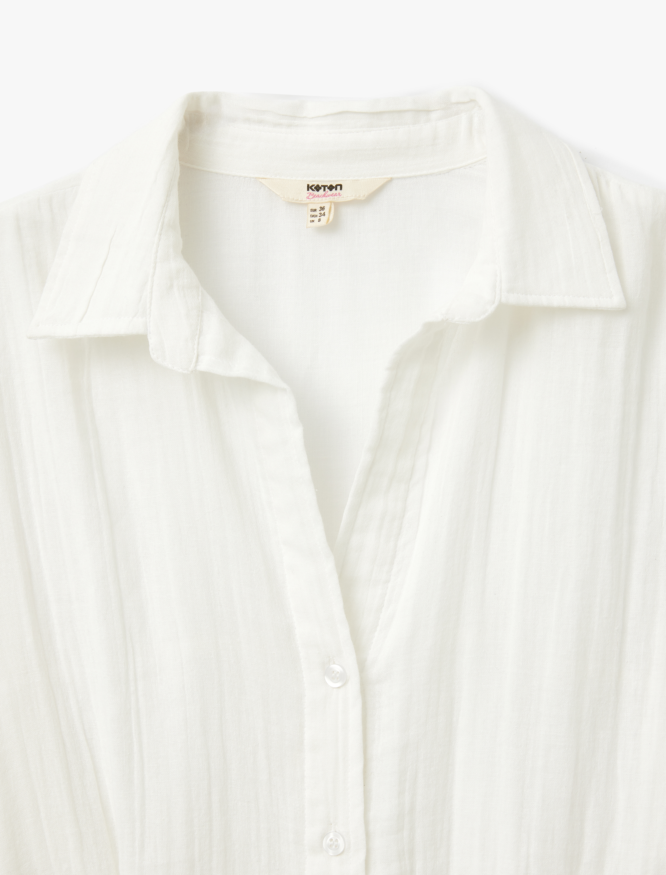   Pamuklu Rahat Kalıp Kemerli Uzun Kollu Gömlek Yaka Müslin Plaj Elbisesi