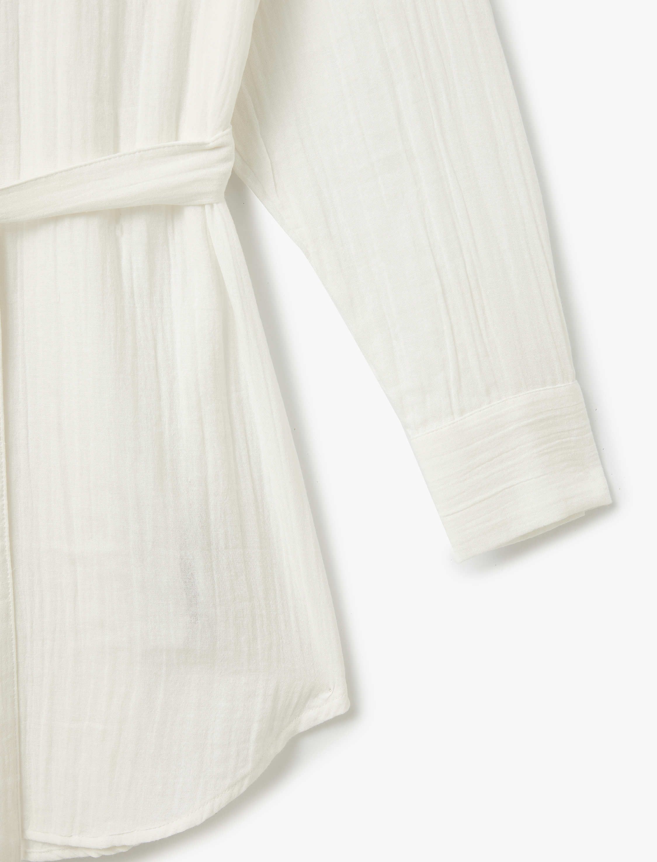   Pamuklu Rahat Kalıp Kemerli Uzun Kollu Gömlek Yaka Müslin Plaj Elbisesi