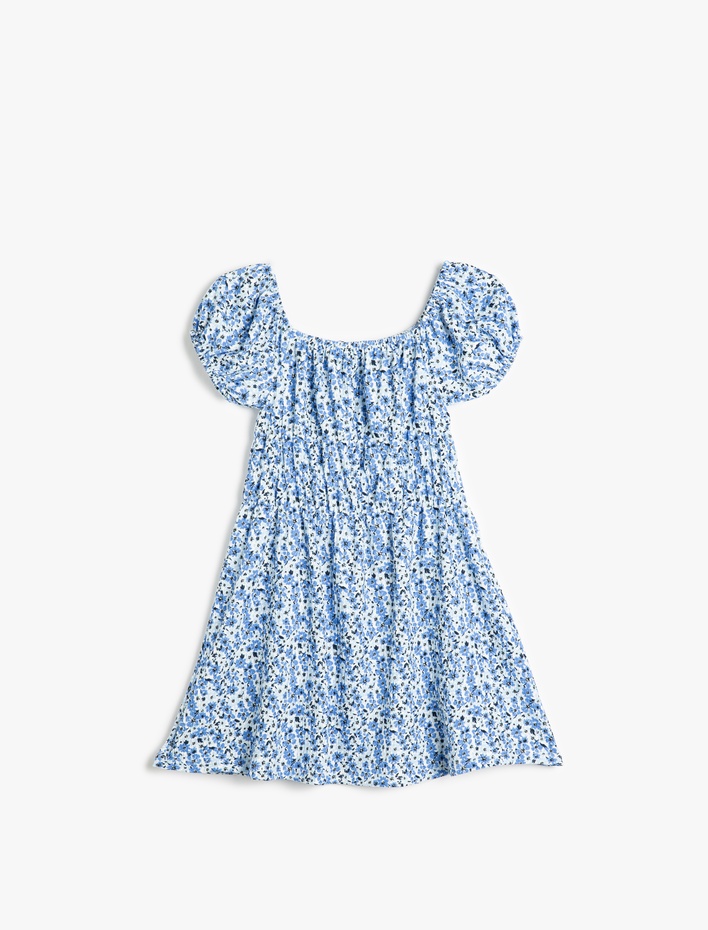 Kız Çocuk Çiçek Desenli Bisiklet Yaka Kısa Kollu Mini Elbise