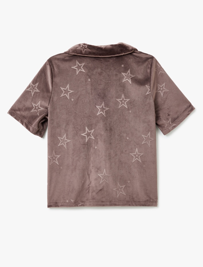  Gömlek Yaka Yıldız Desenli Kısa Kollu Kadife Pijama Üstü