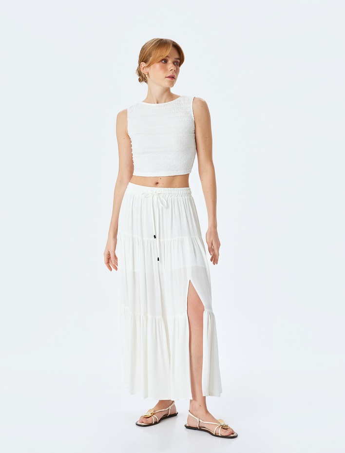  Rahat Kalıp Yarım Astarlı Katlı Viskon Uzun Çan Kloş Etek