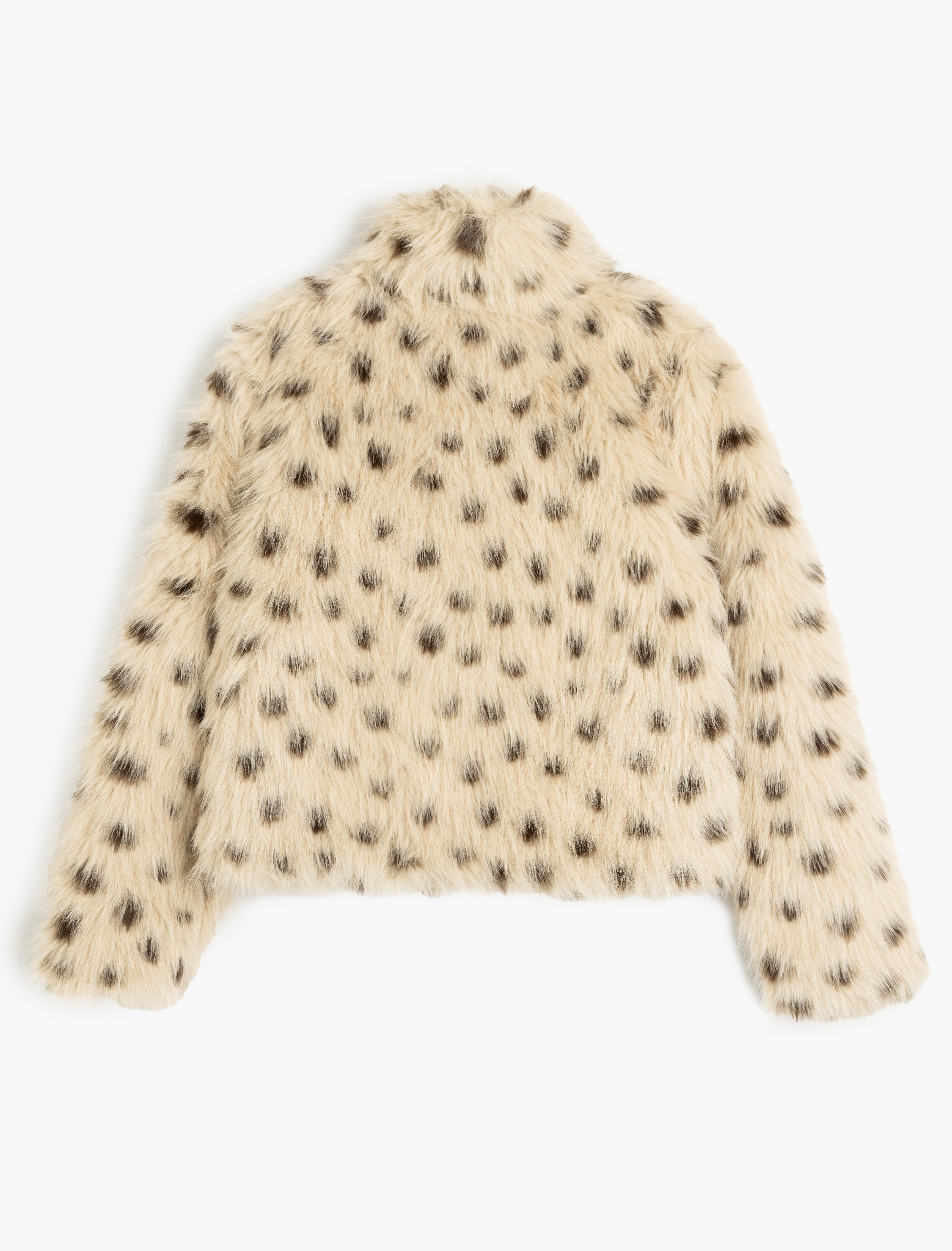   Uzun Kollu Dik Yaka Leopar Desenli Suni Kürk Ceket