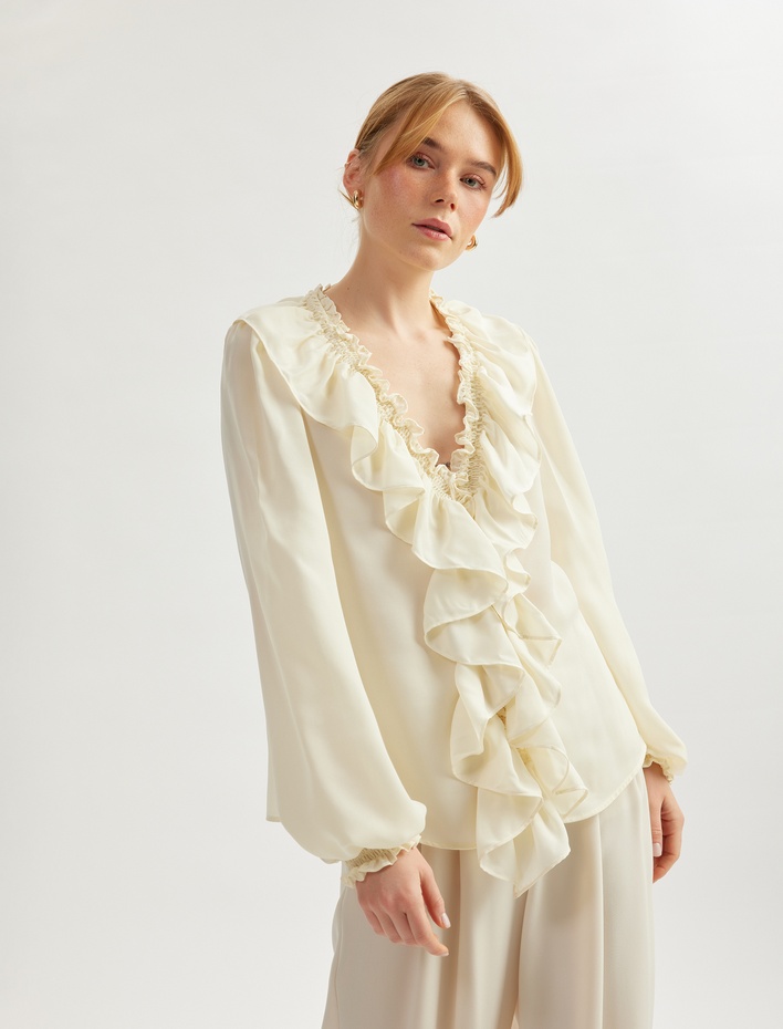  Elastik Manşet Detaylı Krep Kumaş Uzun Kollu V Yaka Fırfırlı Bluz