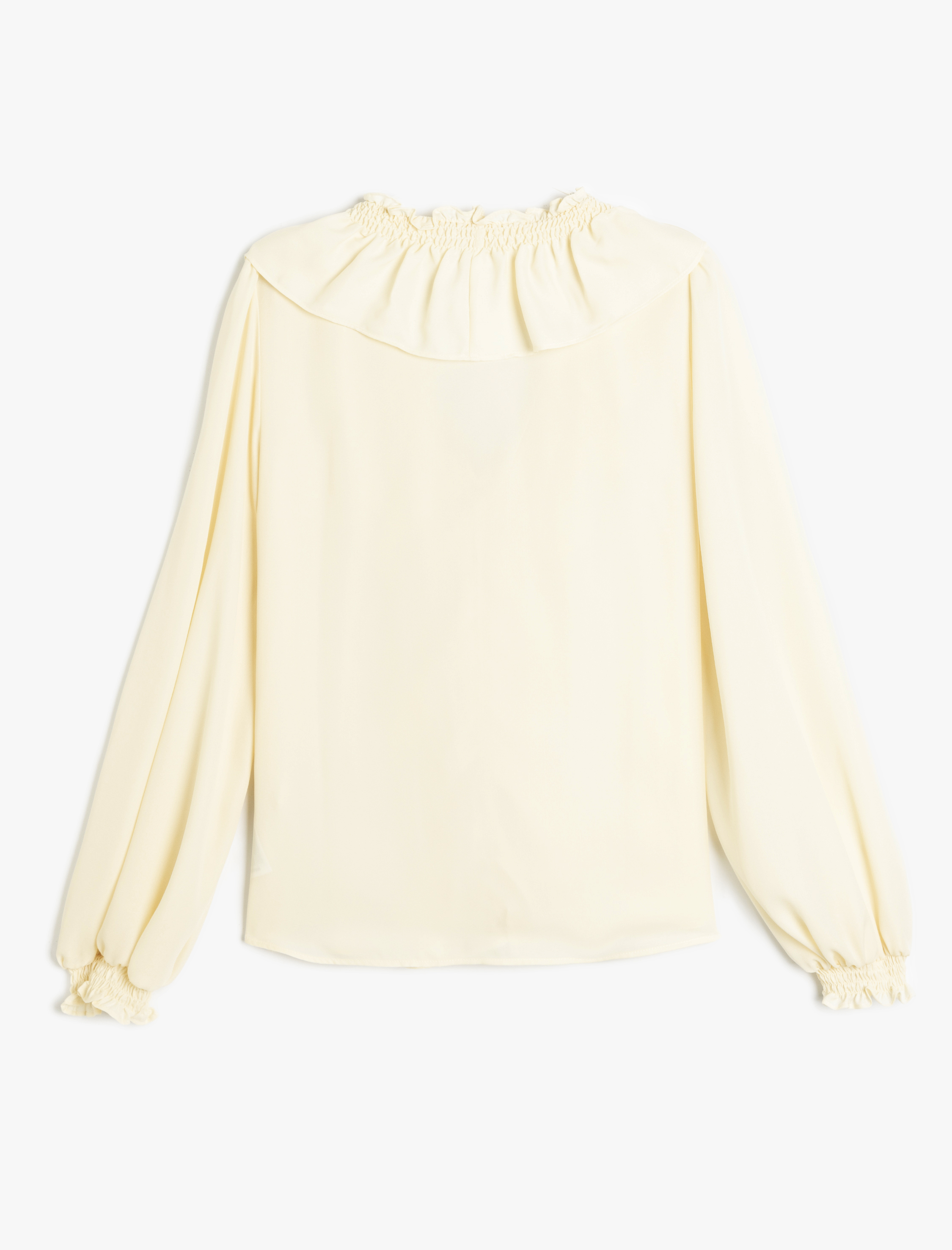   Elastik Manşet Detaylı Krep Kumaş Uzun Kollu V Yaka Fırfırlı Bluz