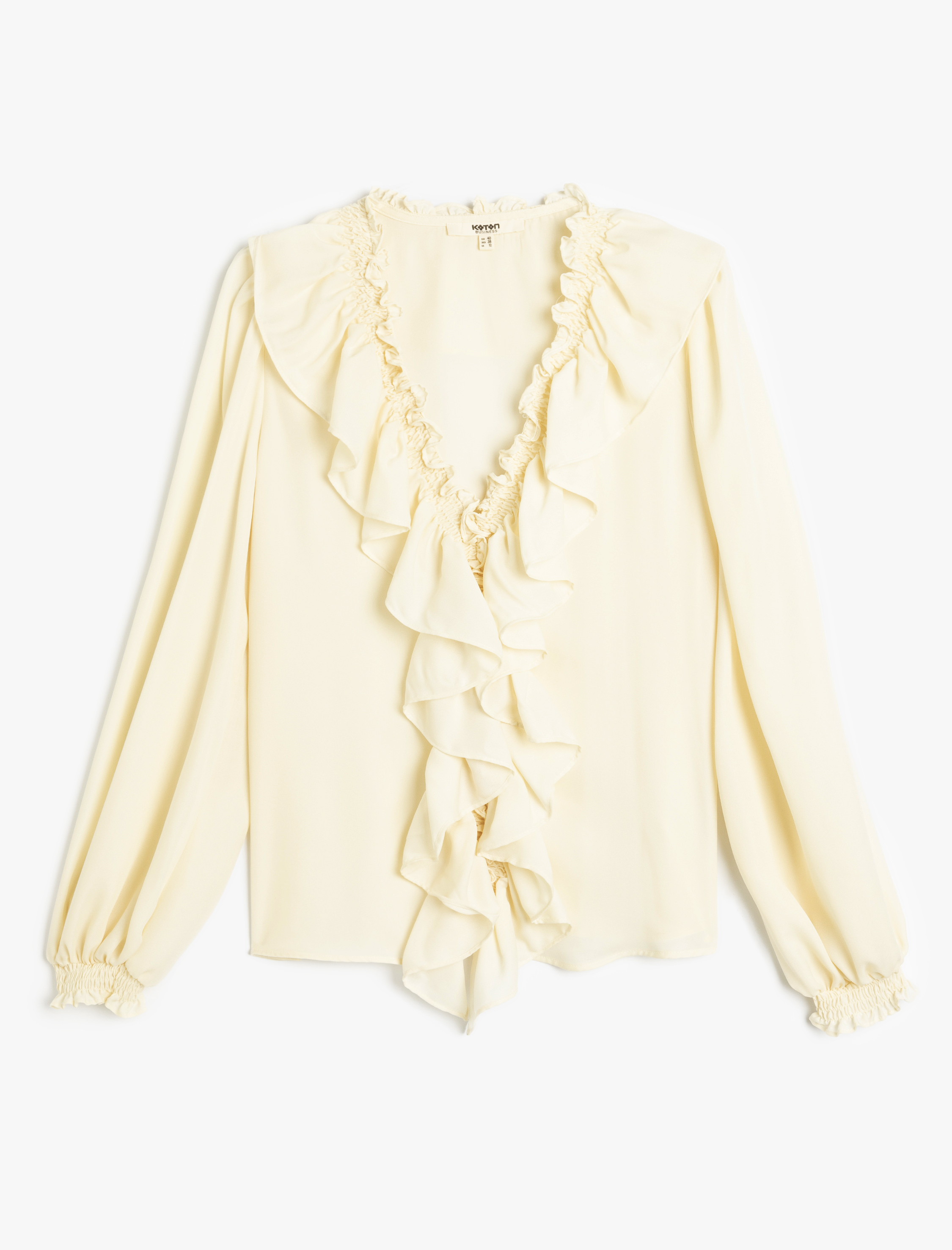   Elastik Manşet Detaylı Krep Kumaş Uzun Kollu V Yaka Fırfırlı Bluz