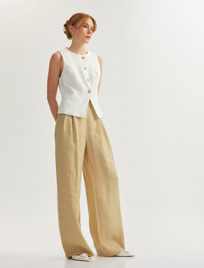  Pile Detaylı Cepli Rahat Kalıp Bol Paça Palazzo Pantolon