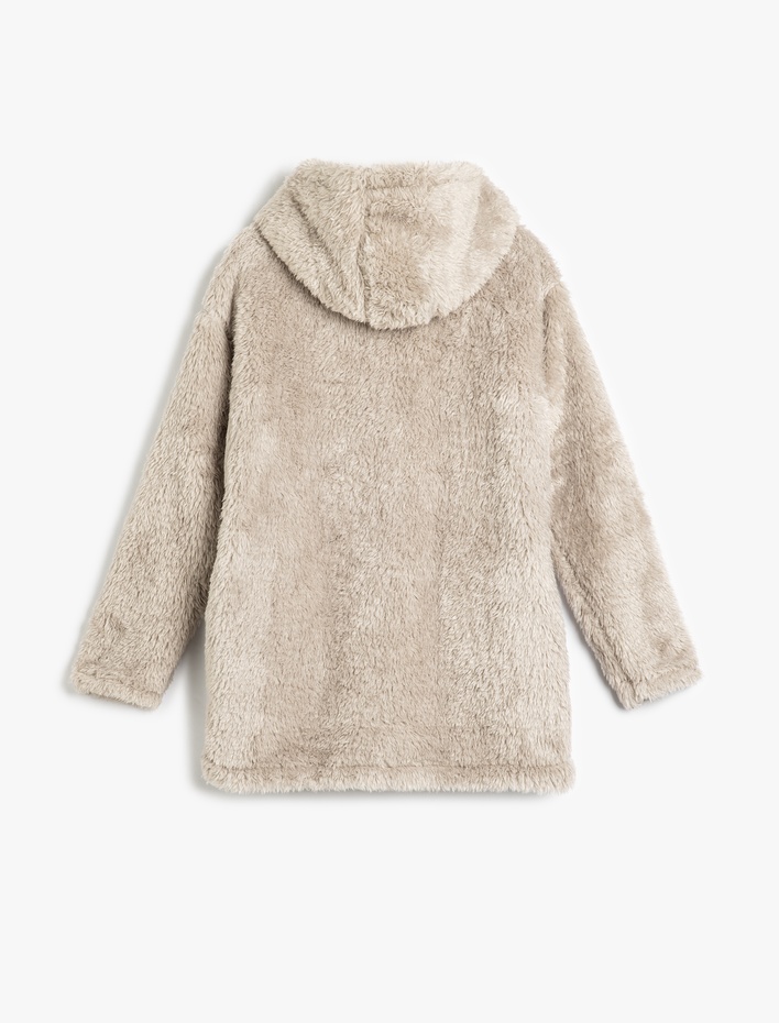 Kız Çocuk Uzun Kollu Cep Detaylı Peluş Kapşonlu Sabahlık