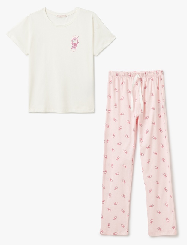 Pamuklu Kedi Baskılı Kısa Kollu Pijama Takımı_2
