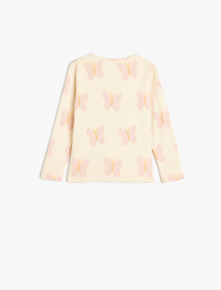 Kız Bebek Kelebek Baskılı Bisiklet Yaka Uzun Kollu Pamuklu Tişört