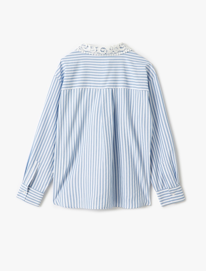  Dantel Yaka Detaylı Uzun Kollu Çizgili Oversize Gömlek