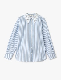 Dantel Yaka Detaylı Uzun Kollu Çizgili Oversize Gömlek