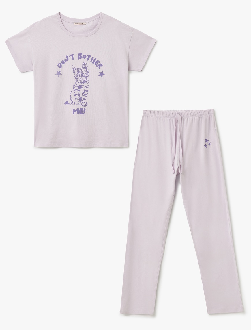   Pamuklu Kedi Baskılı Kısa Kollu Pijama Takımı