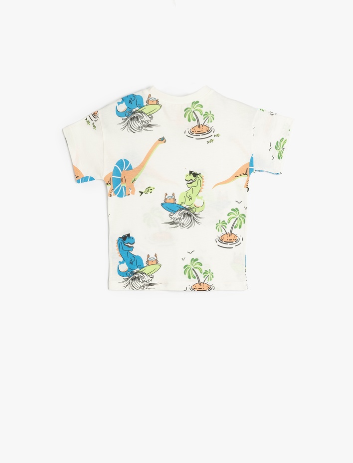 Erkek Bebek Dinozor Baskılı Bisiklet Yaka Kısa Kollu Pamuklu Tişört