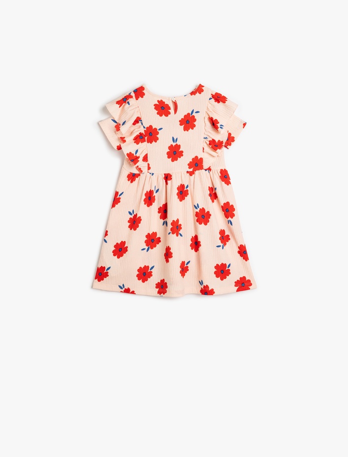 Kız Bebek Fırfır Detaylı Çiçek Desenli Kısa Kollu A Kesim Elbise