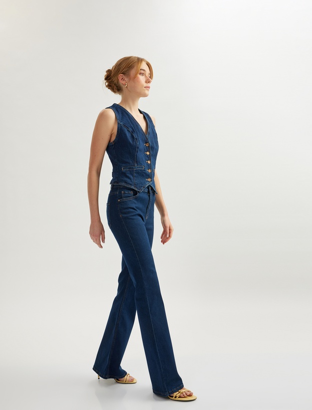 Uzun İspanyol Paça Düğmeli Dar Kalıp Denim Pantolon - Flare Jeans_0