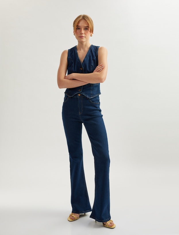 Uzun İspanyol Paça Düğmeli Dar Kalıp Denim Pantolon - Flare Jeans_1