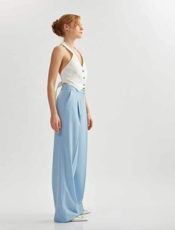  Cepli Pile Detaylı Yüksek Bel Palazzo Pantolon