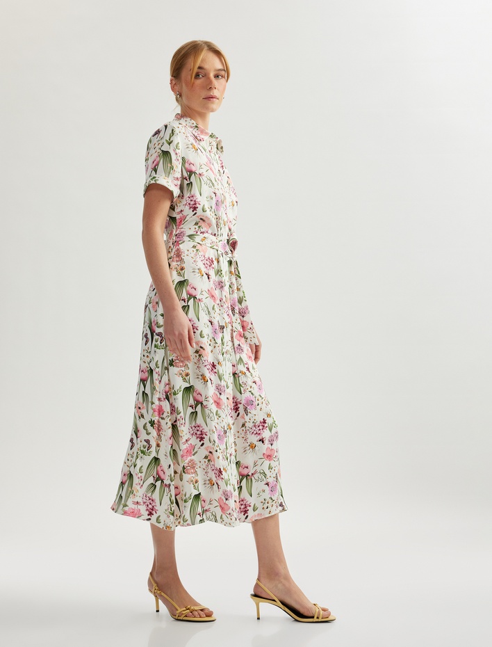  Düğmeli Kısa Kollu Uzun Viskon Çiçekli Gömlek Saten Elbise