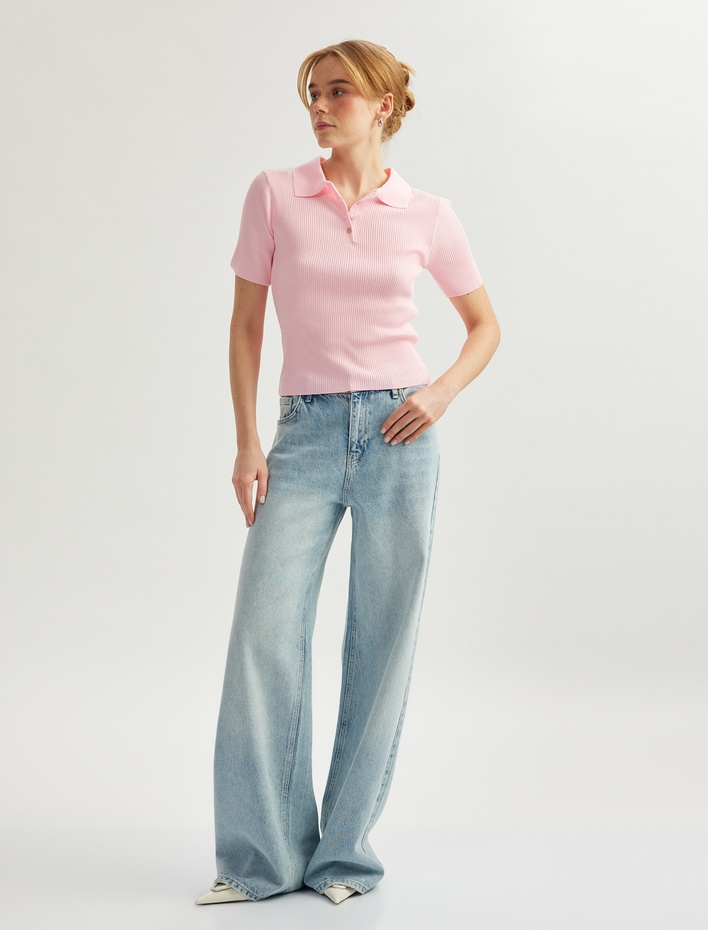  Kısa Kollu Düğmeli İnce Triko Kadın Polo Yaka Kazak