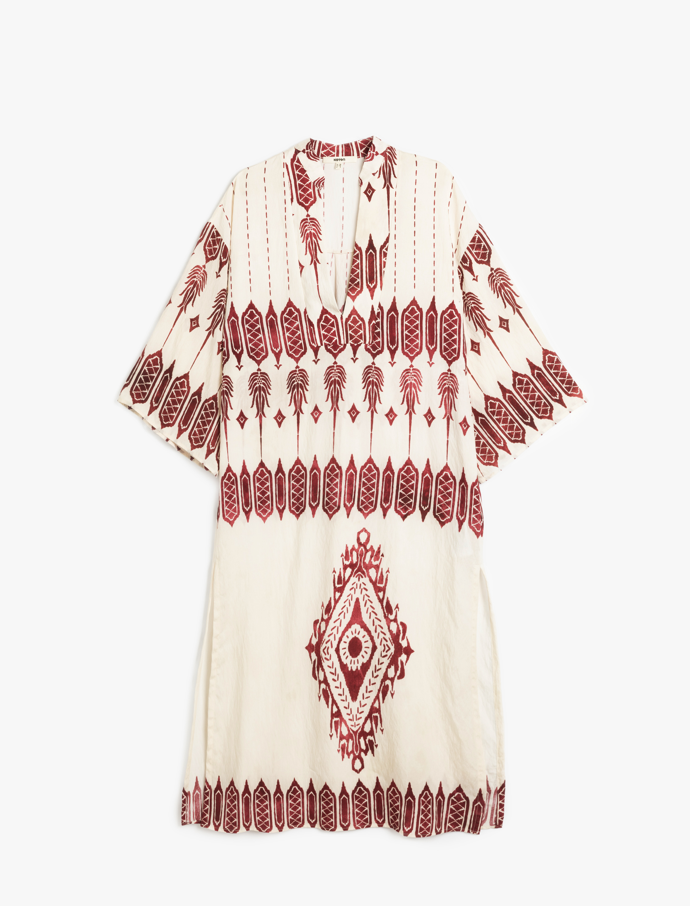 Kimono Kol Mandarin Yaka Etnik Desenli Uzun Viskon Elbise