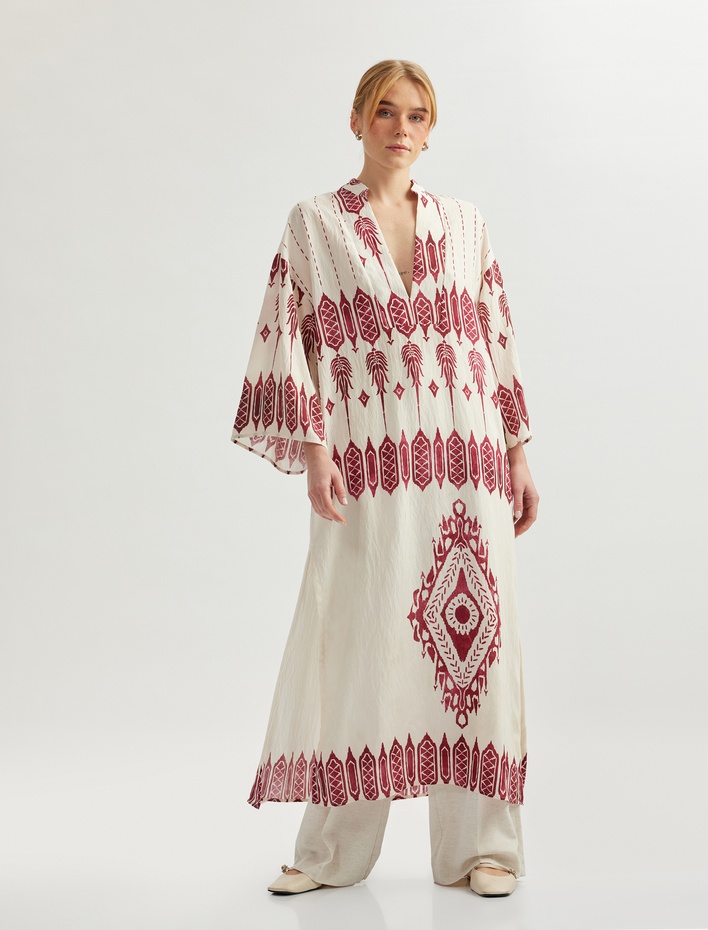  Kimono Kol Mandarin Yaka Etnik Desenli Uzun Viskon Elbise