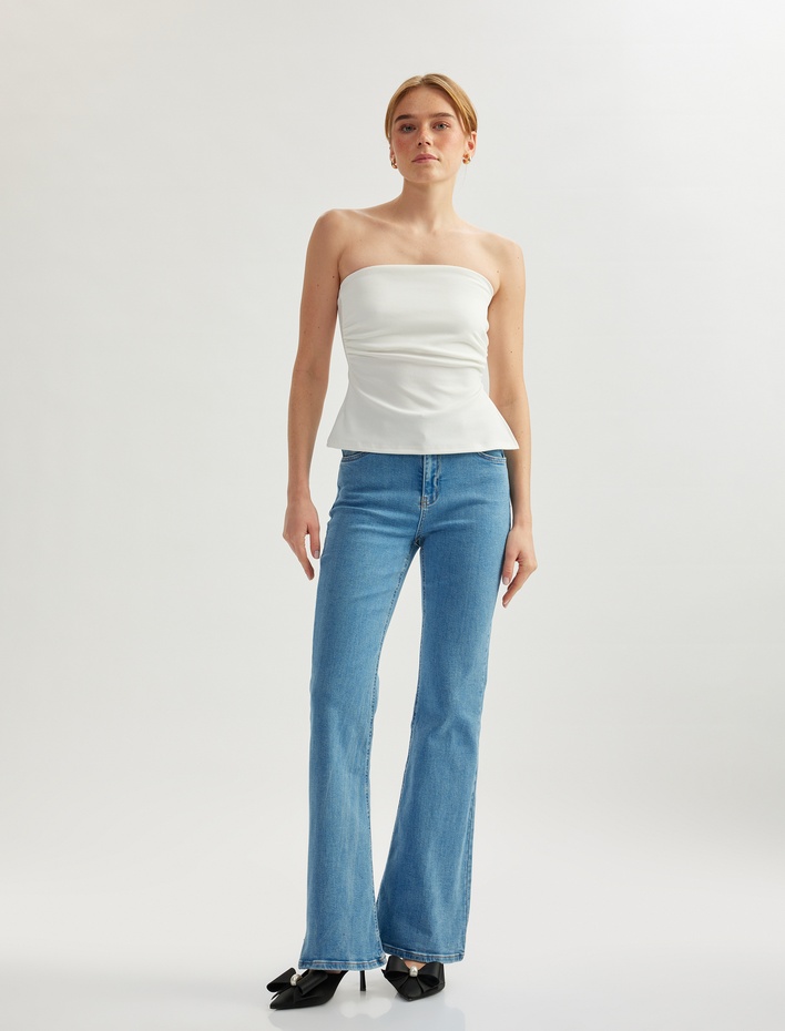  Uzun İspanyol Paça Düğmeli Dar Kalıp Denim Pantolon - Flare Jeans