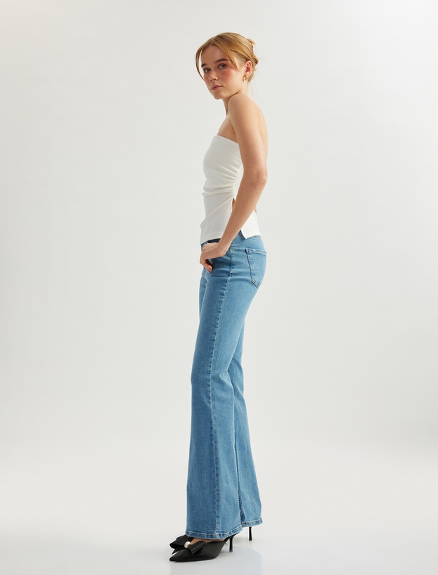 Uzun İspanyol Paça Düğmeli Dar Kalıp Denim Pantolon - Flare Jeans_0