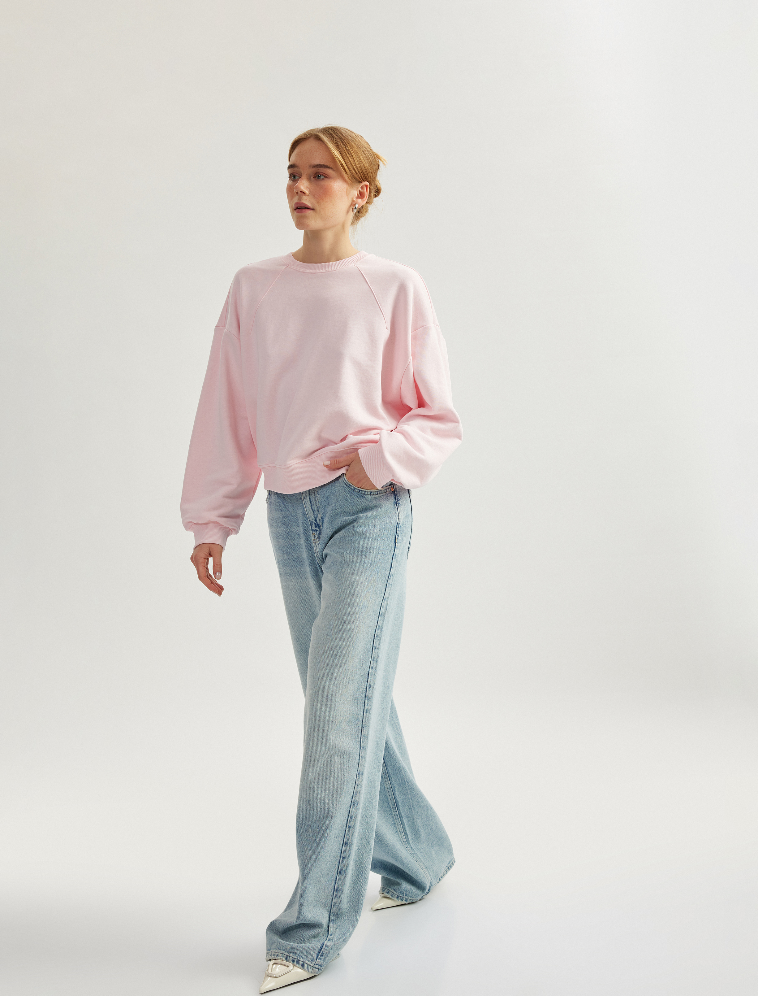 Koton Kadın Üç İplik Bisiklet Yaka Uzun Kollu Oversize Sweatshirt -1