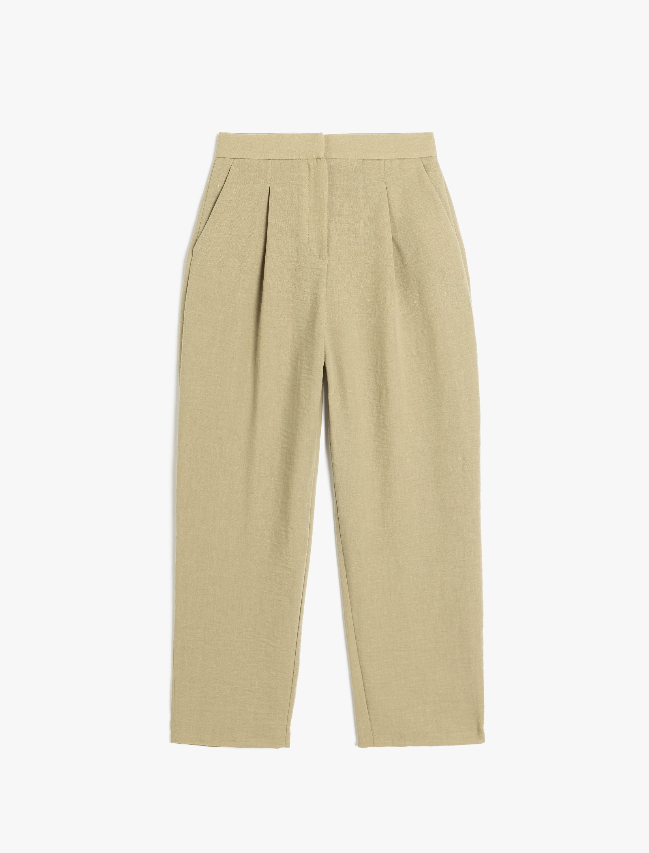 Keten Görünümlü Pile Detaylı Cepli Havuç Kesim Kumaş Pantolon