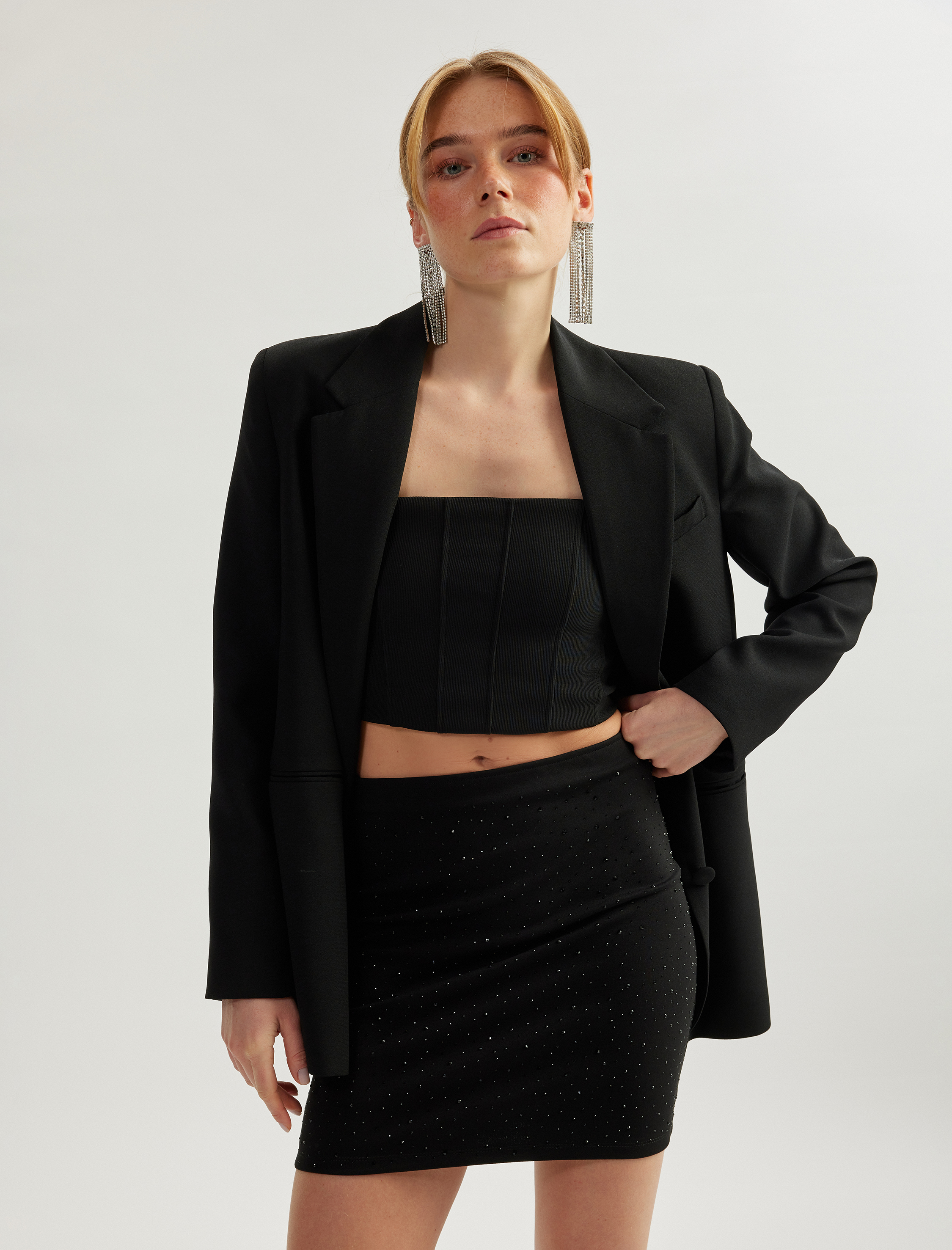   Yüksek Bel Slim Fit Taş Detaylı Mini Abiye Etek