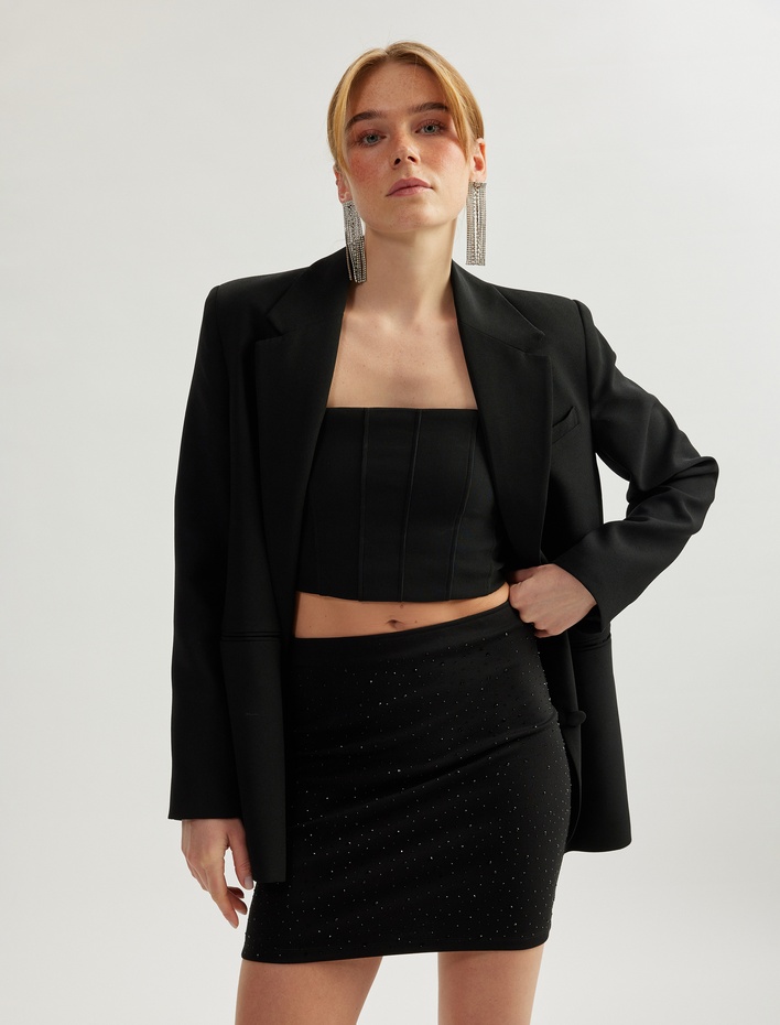  Yüksek Bel Slim Fit Taş Detaylı Mini Abiye Etek