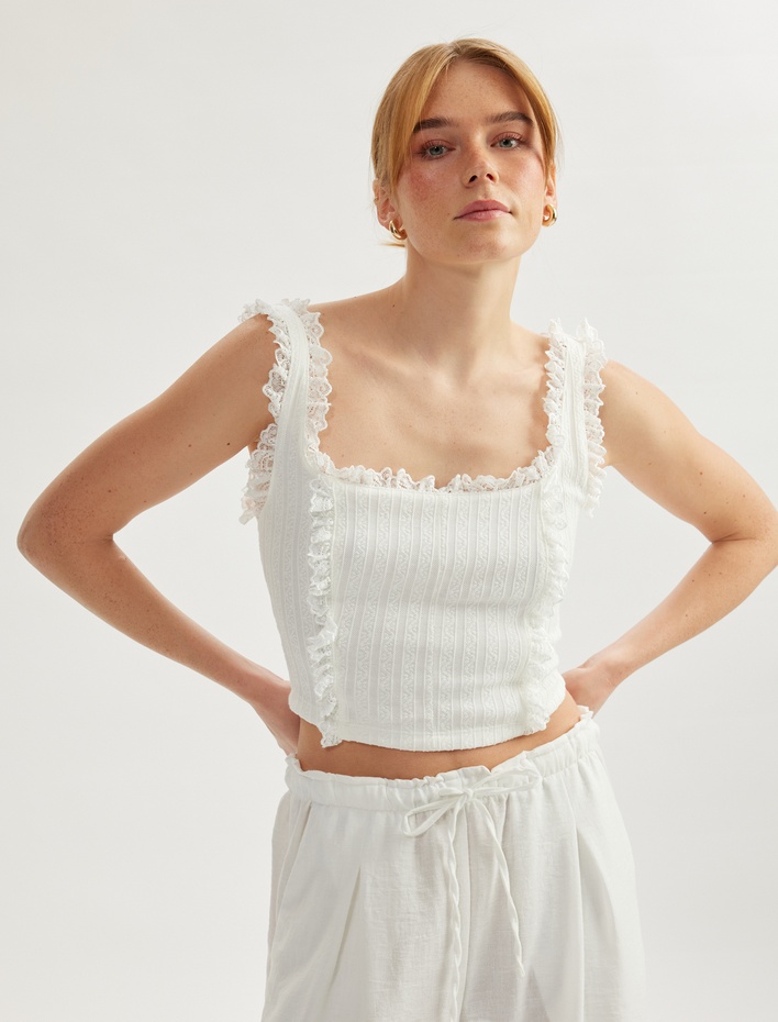  Pamuklu Dokulu Dantel Detaylı Fırfırlı Crop Atlet