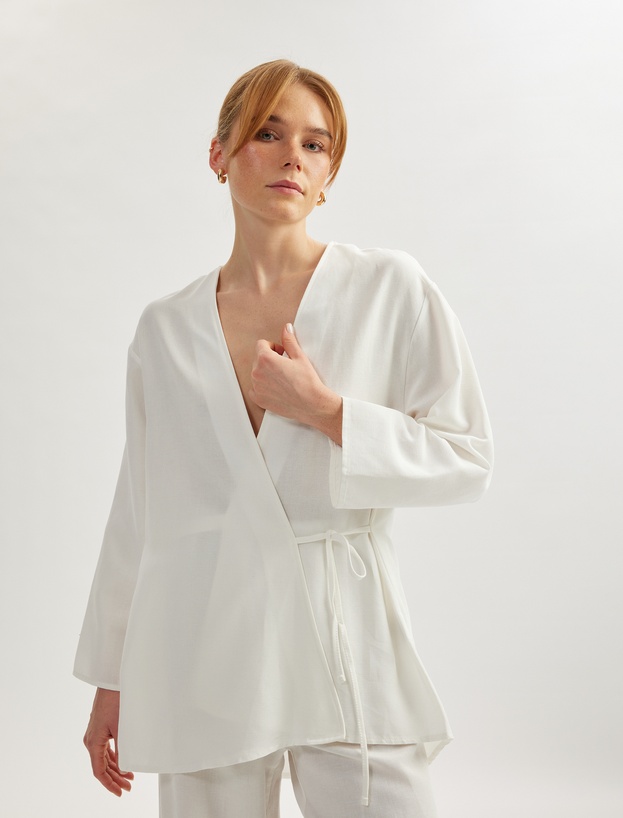 Keten Karışımlı Uzun Geniş Kollu Kruvaze Kimono_0