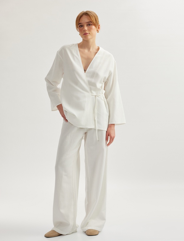 Keten Karışımlı Uzun Geniş Kollu Kruvaze Kimono_1