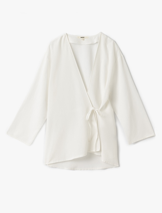 Keten Karışımlı Uzun Geniş Kollu Kruvaze Kimono_2