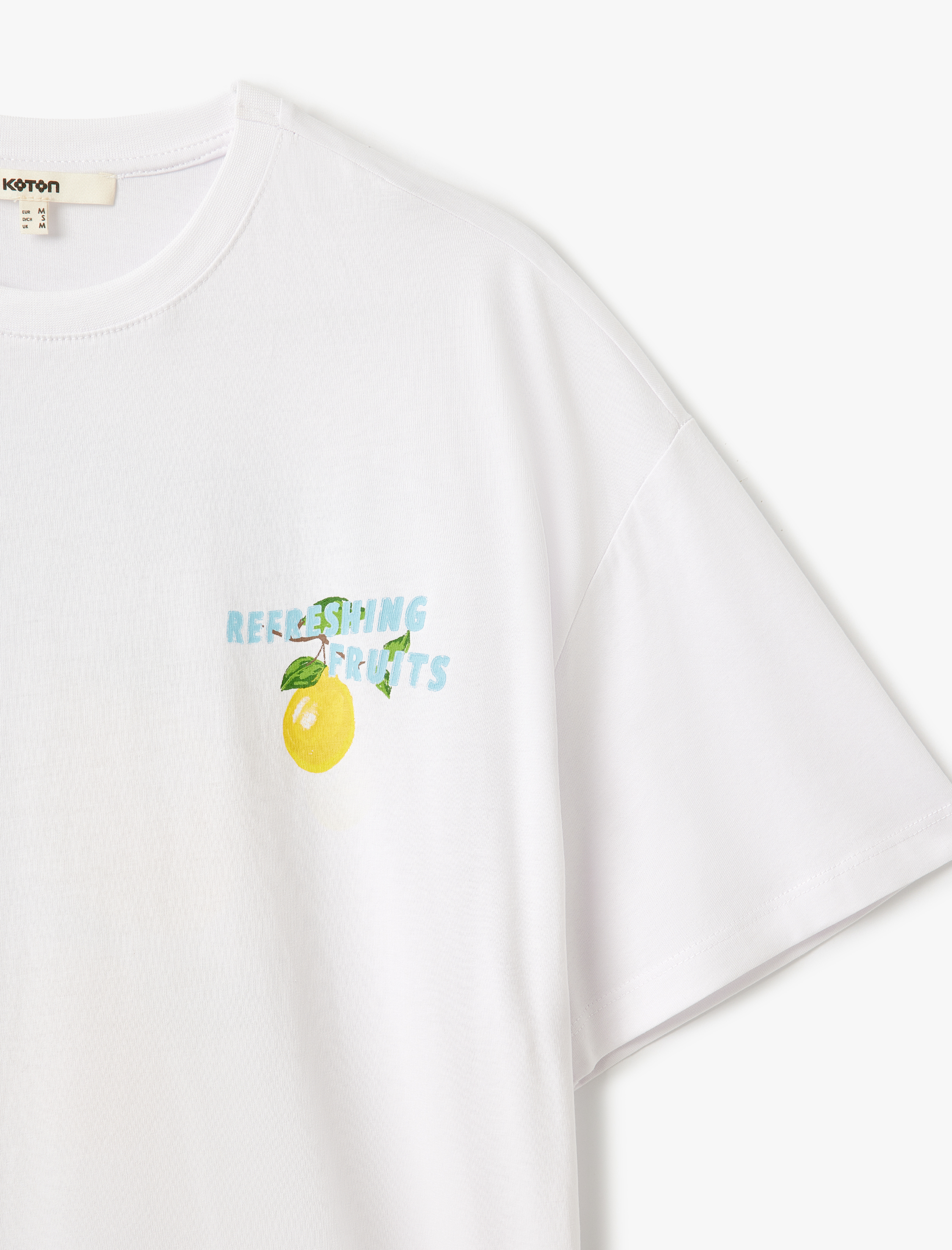   Pamuklu Kısa Kollu Bisiklet Yaka Arkası Limon Baskılı Tişört