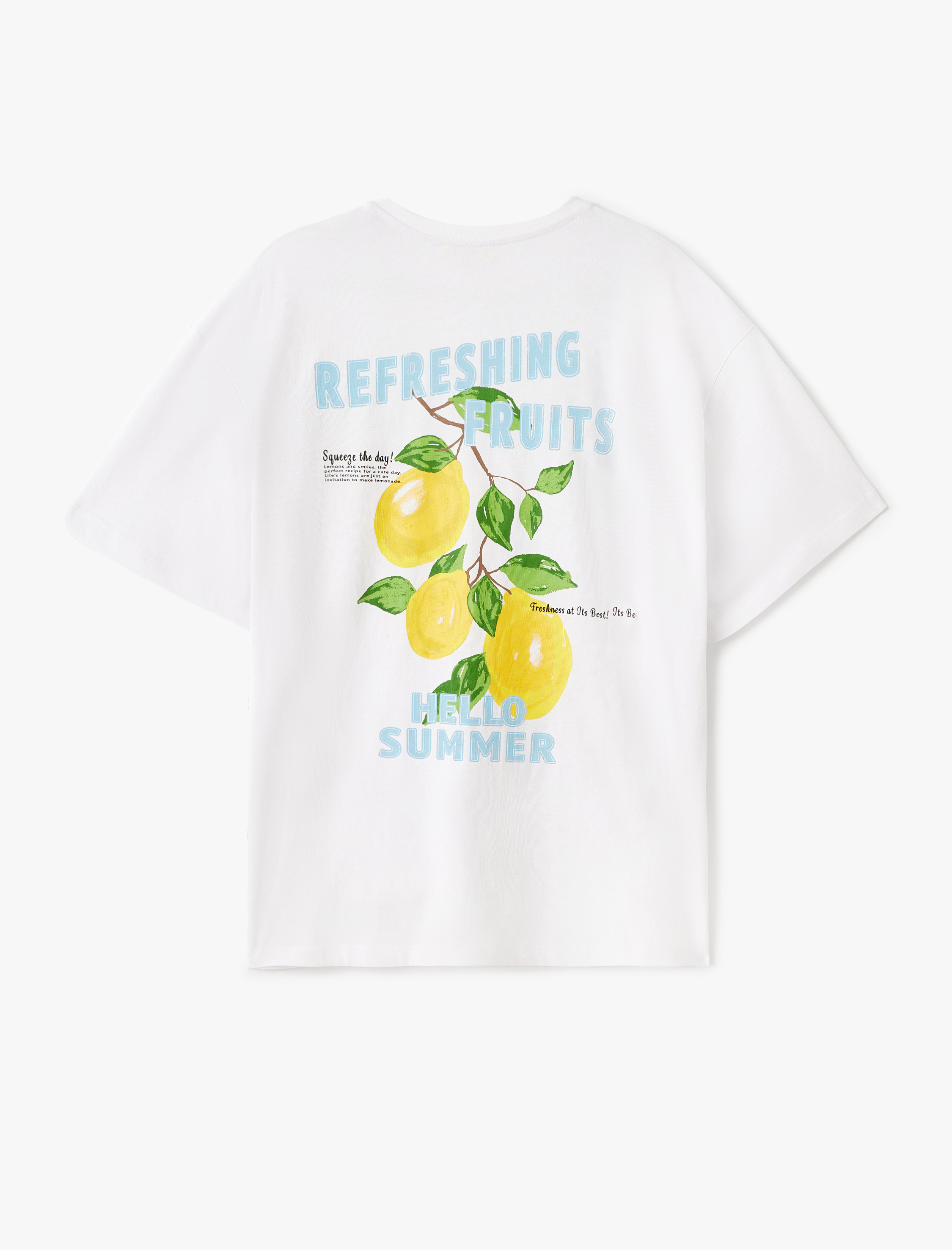   Pamuklu Kısa Kollu Bisiklet Yaka Arkası Limon Baskılı Tişört