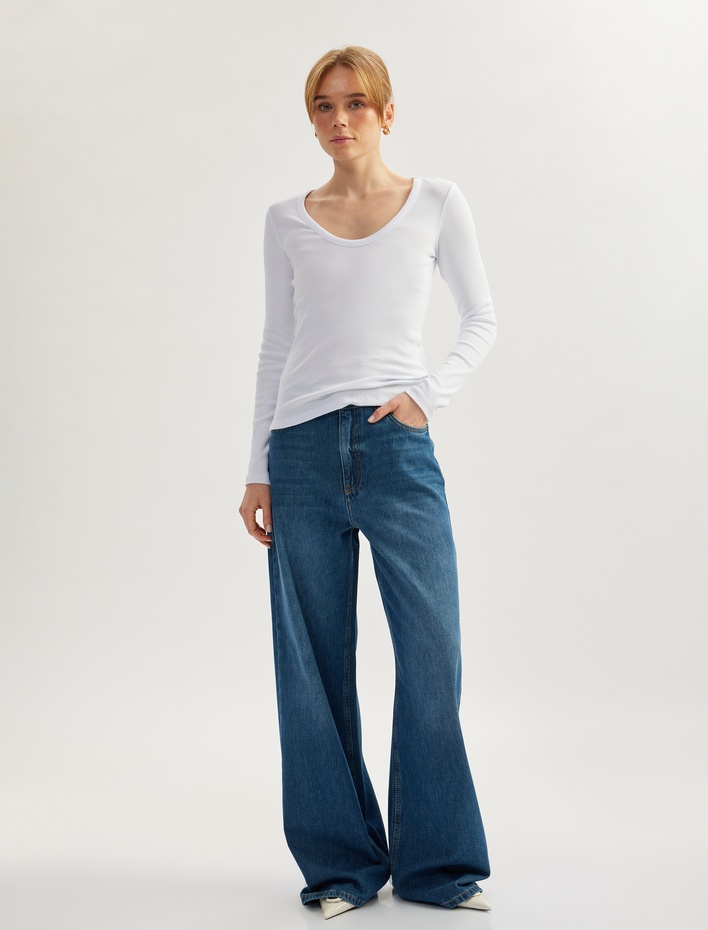  Pamuklu Uzun Kollu U Yaka Slim Fit Fitilli Tişört