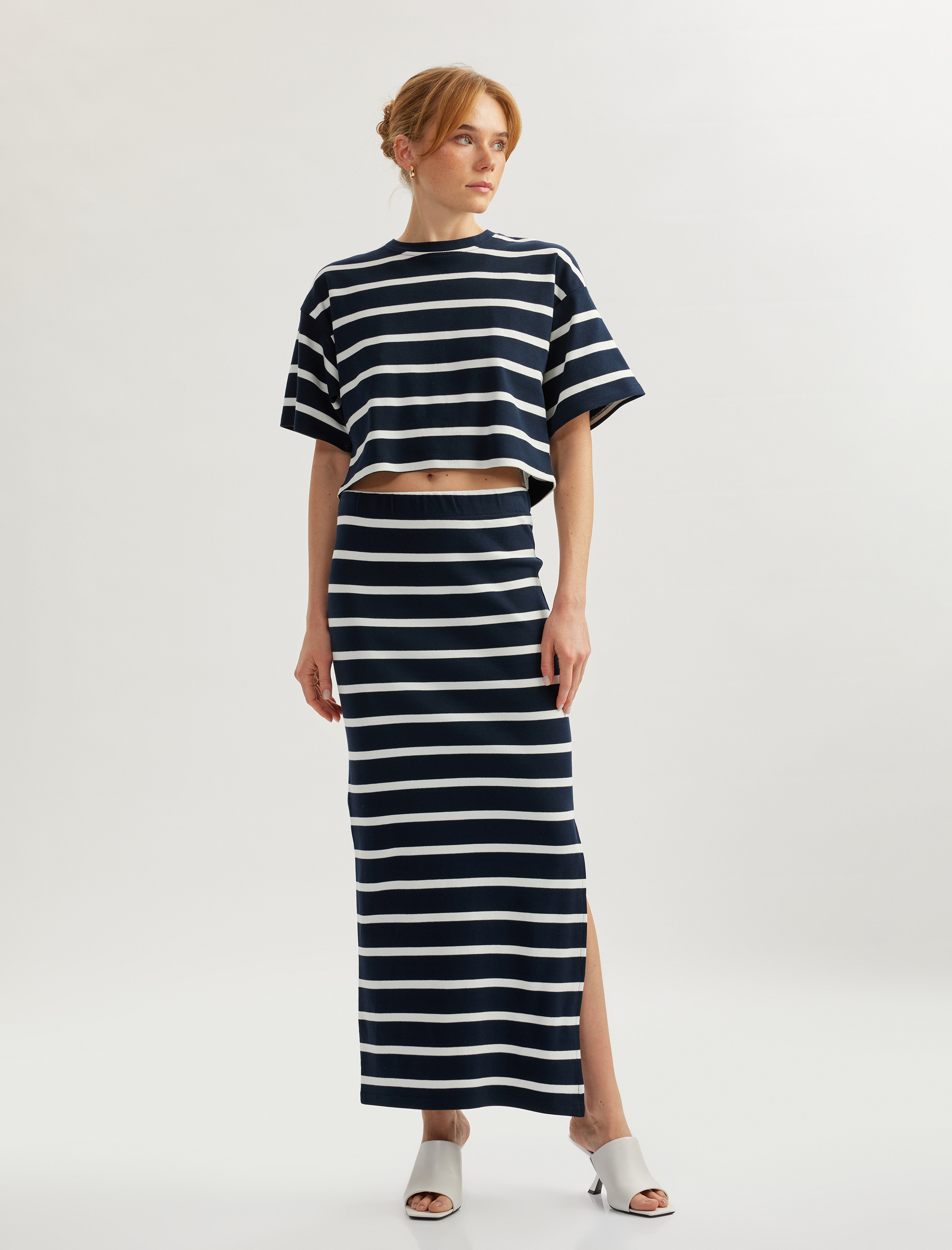   Çizgili Yırtmaç Detaylı Pamuklu Standart Bel Uzun Kalem Etek